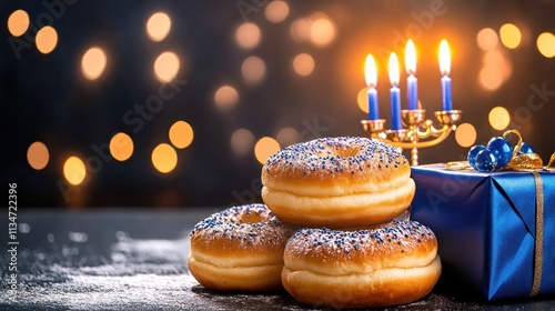 Joyful Hanukkah Celebration with Menorah, Donuts, Dreidels, Candles & Gift - Perfect for Family Gatherings photo