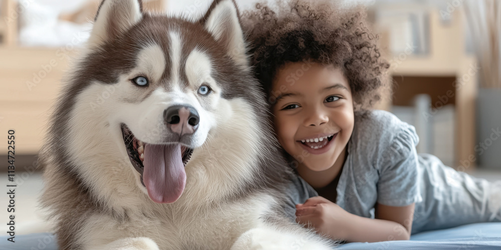 Fototapeta premium joyful child smiles beside friendly dog, showcasing their bond. This heartwarming scene captures essence of companionship and love between pet and child