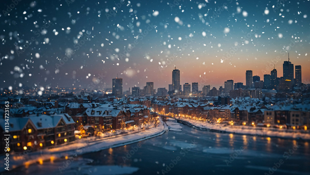Fototapeta premium still snowy city landscape at night with glowing lamps lighting icy roads and snow covered paths Winter Photo