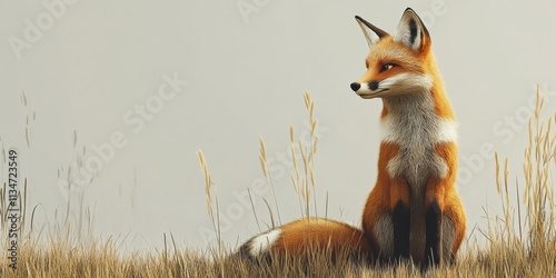 A lifelike 3D sculpture of a red fox sitting in a meadow, isolated with a neutral background photo