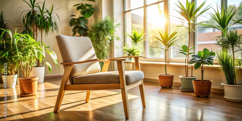 Fototapeta premium Serene Waiting Room: Empty Chair in Natural Healing Clinic, Calm Atmosphere, Holistic Wellness, Peaceful Space