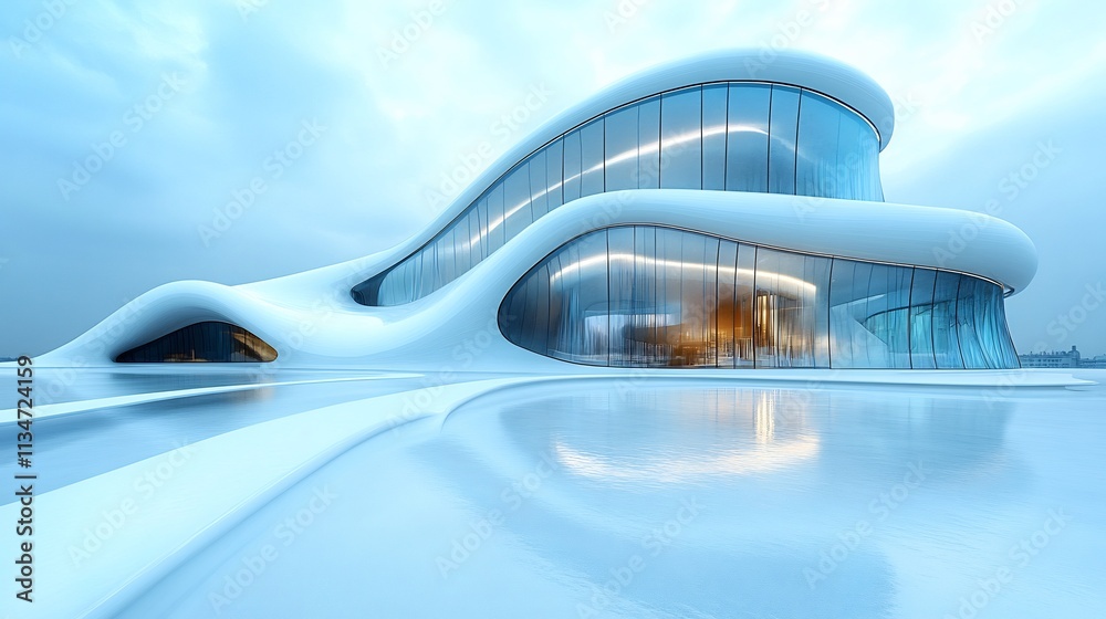 Flowing glass metal architectural forms merging fluid motion with structural balance in a dynamic modern aesthetic