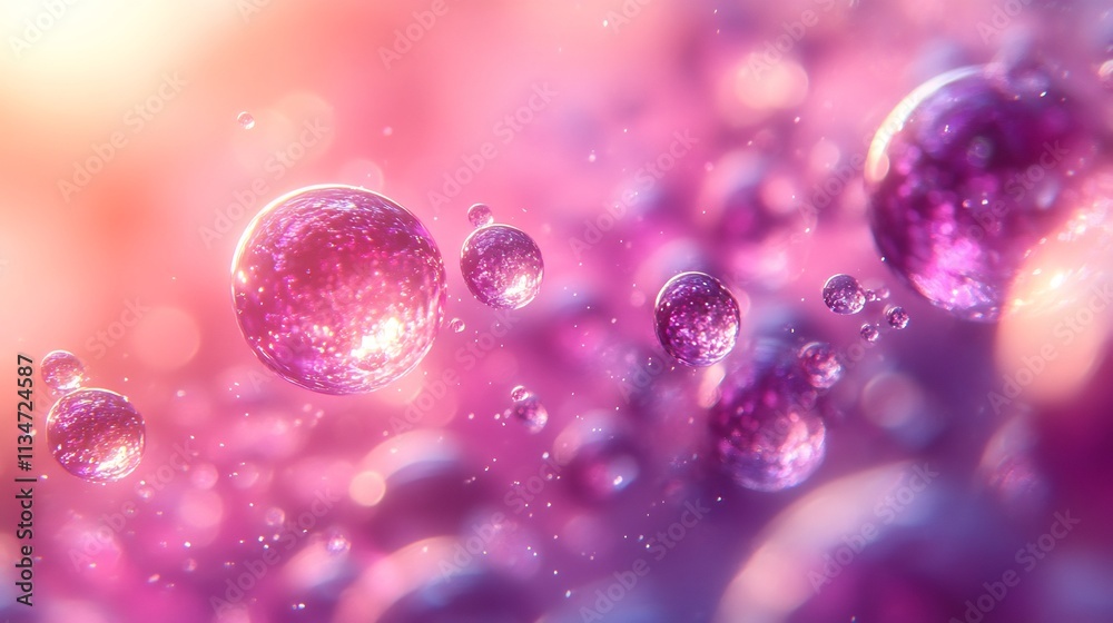 Floating droplets glowing a gradient of pink and violet merging in a smooth dreamlike flow that evokes a sense of serenity