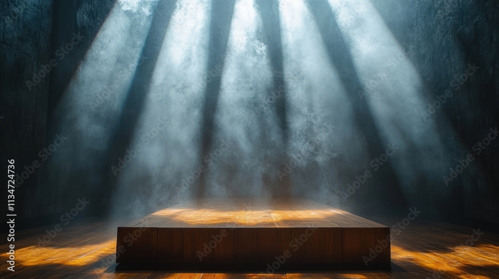 Obraz premium Wooden Stage with Soft Mist and Dramatic Light on Dark Concrete Floor