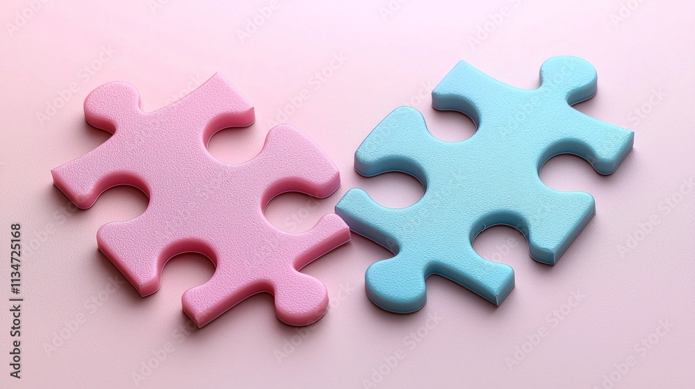 Two pastel colored puzzle pieces align perfectly on bright surface showcasing their smooth edges and elegant simplicity. connection embodies harmony and modern minimalism.