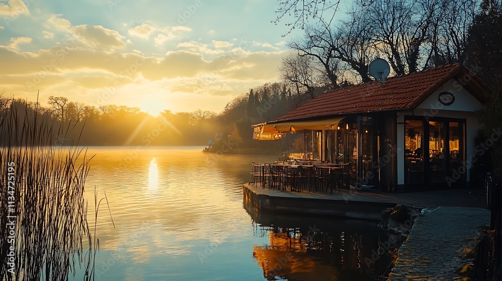 Fototapeta premium Lakeside Restaurant Sunset Golden Hour Tranquil Scene