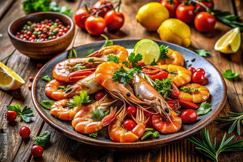Candid Capture of Delicious Shrimp on a Plate Surrounded by Fresh Ingredients and Herbs, Perfect for Gourmet Food Photography and Culinary Inspiration Candid Capture of Delicious Shrimp on a Plate Surrounded by Fresh Ingredients and Herbs, Perfect for Gourmet Food Photography and Culinary Inspiration