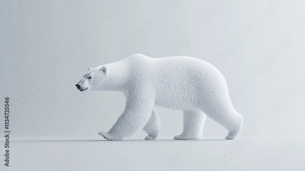 Fototapeta premium A realistic 3D rendering of a polar bear walking on simulated ice, isolated with a light gray background