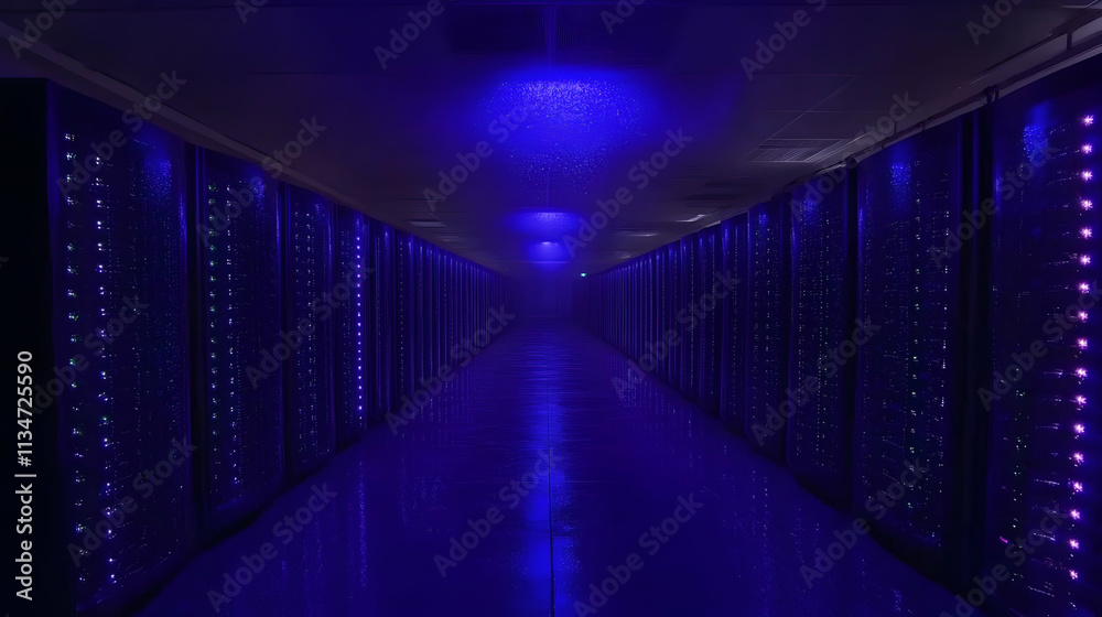 Dark server room with rows of computer servers lit with blue lights. Dark server room with rows of computer servers lit with blue lights.