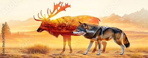 Double Exposure of hybrid animal, Intertwined Stag and Wolf in Natural Landscape