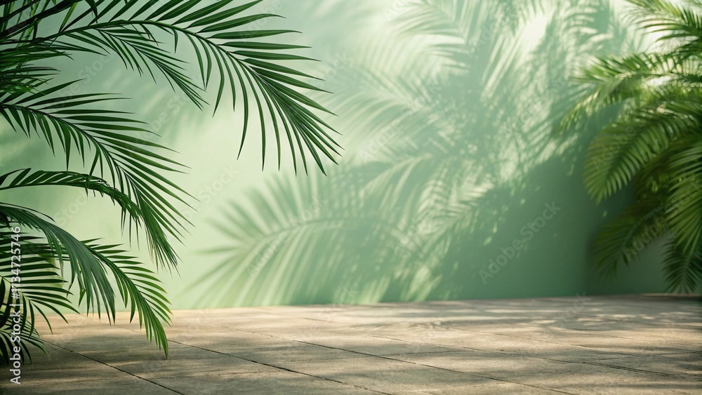 Abstract green background with shadow of palm leaves. 3d rendering.
Abstract green background with shadow of palm leaves. 3d rendering.