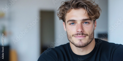 A young man with curly hair and a confident smile in a casual setting.