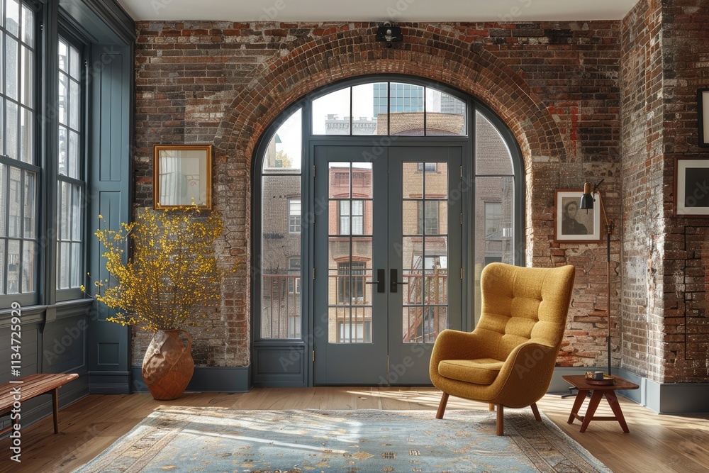 Exposed Brick Loft Apartment With Yellow Armchair Exposed Brick Loft Apartment With Yellow Armchair
