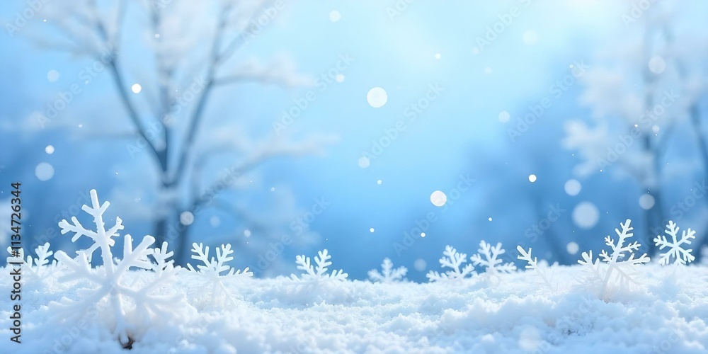 Snowy winter landscape with snowflakes and blurred lights, blue and white tonesSunny spring landscape with blooming flowers and sharp lights, vibrant colorsRainy autumn landscape with falling leaves.