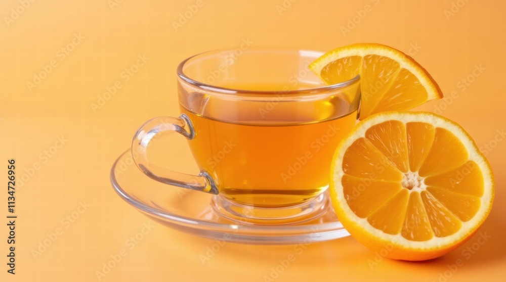 A cup of orange tea with a slice of orange on a pastel orange background A cup of orange tea with a slice of orange on a pastel orange background
