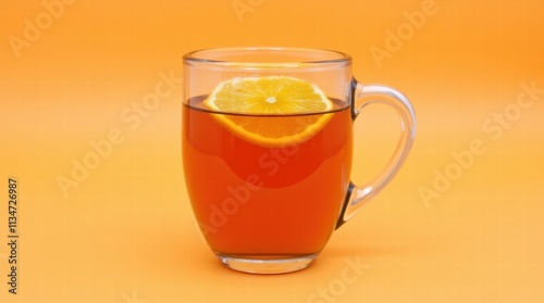 A cup of orange tea with a slice of orange on a pastel orange background