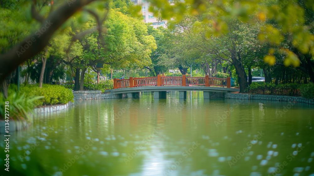 Serene Park Bridge: Urban Oasis, Green Landscape, Dreamy Pastel Colors
