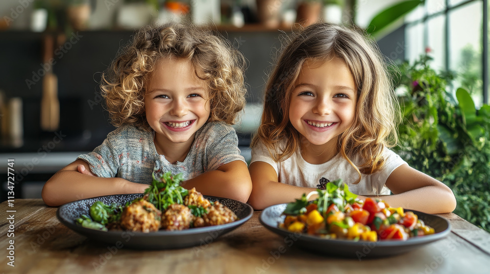 Happy Siblings Enjoying Healthy International Cuisine Happy Siblings Enjoying Healthy International Cuisine