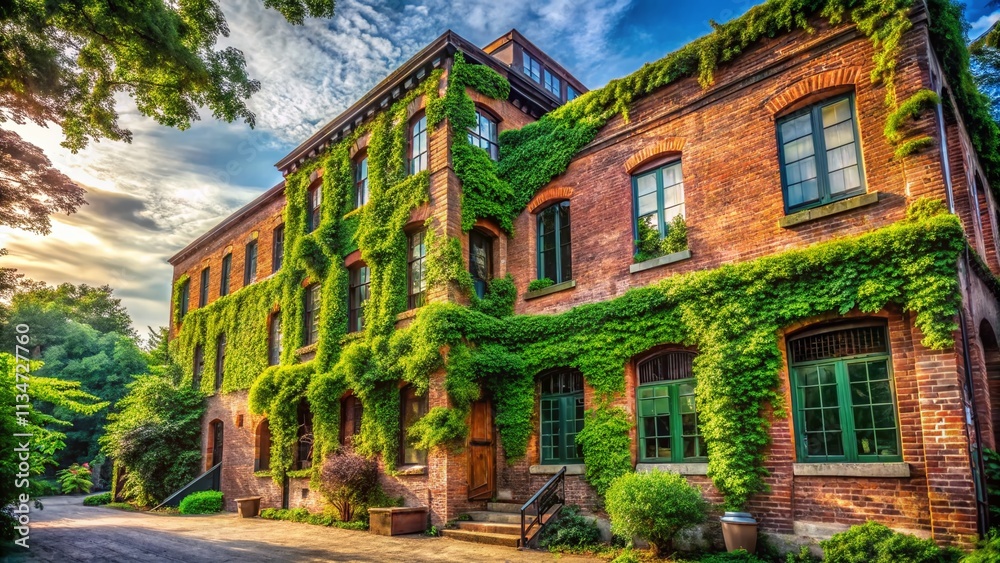 Fototapeta premium Candid Photography of an Old Brick Building with Weathered Facade and Lush Greenery in a Historic Urban Setting Capturing the Charm of Architectural Heritage and Timeworn Beauty