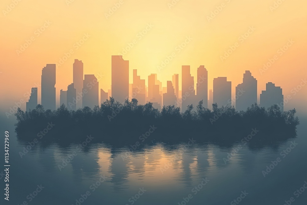 City Skyline at Sunset Reflected in Water City Skyline at Sunset Reflected in Water
