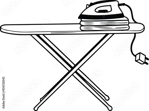 Iron and ironing clothes vector black on white background.
