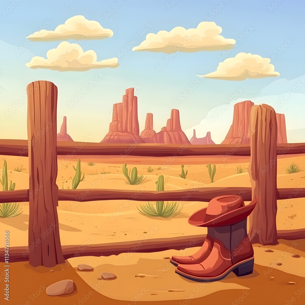 Obraz premium Wild West cartoon scene with desert landscape and cacti details.
