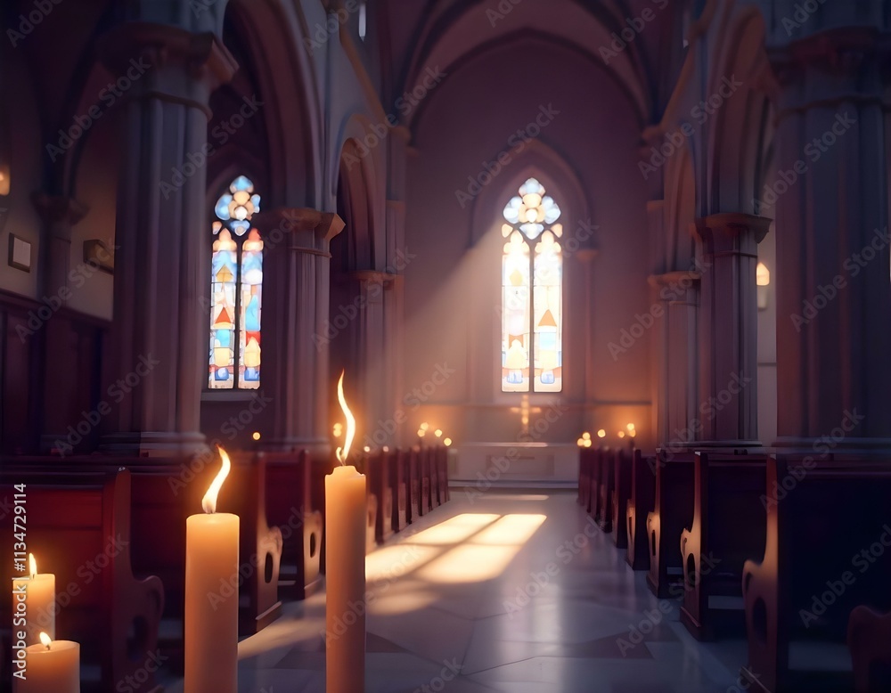 Fototapeta premium A dimly lit cathedral interior with stained glass windows, rows of wooden pews, and several lit candles in the foreground, featuring a bright sunny day , with ornate marble columns and soft flickering