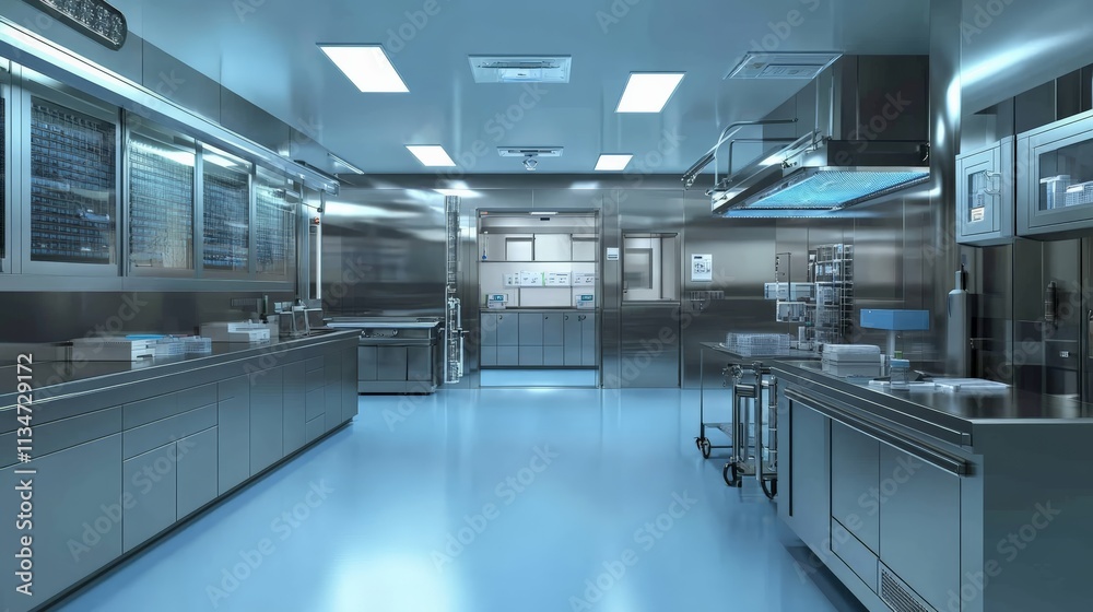Obraz premium Industrial kitchen setup modern restaurant interior design stainless steel environment wide angle view culinary efficiency