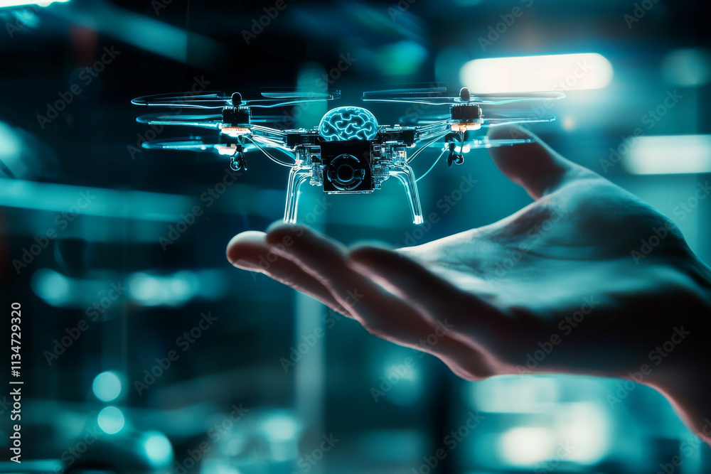 Fototapeta premium AI Drone Control: Futuristic Hand and Brain Interface