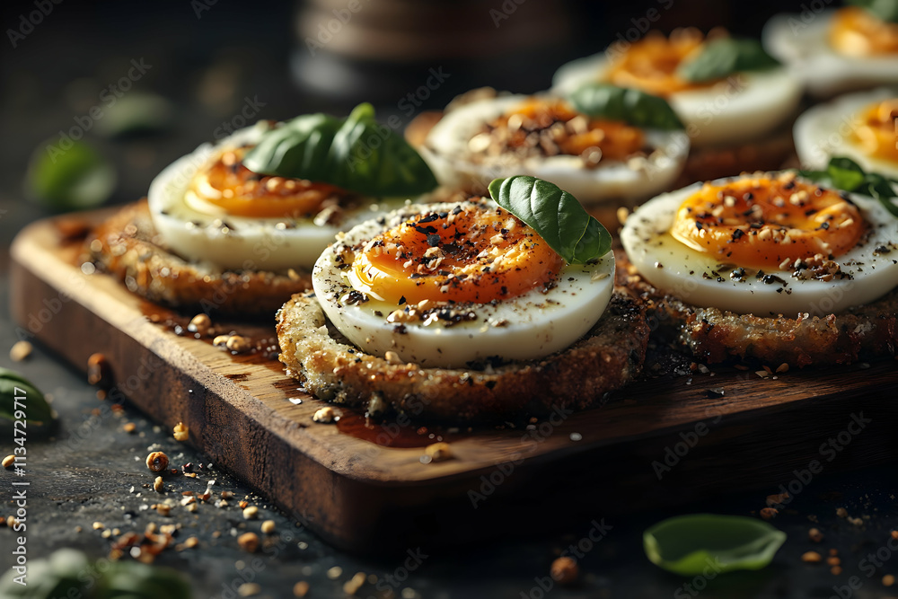 Delicious halved eggs on toasted bread with herbs and spices. Delicious halved eggs on toasted bread with herbs and spices.