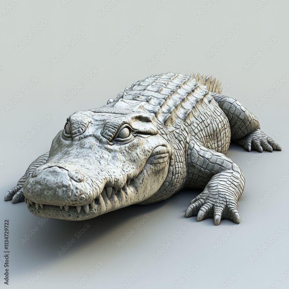Fototapeta premium A vivid 3D representation of a crocodile resting on the riverbank, isolated with a light gray background