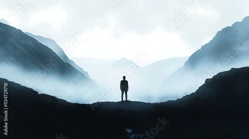 Black and White Silhouette of a Person at Mountain Overlooking a Valley Generative AI