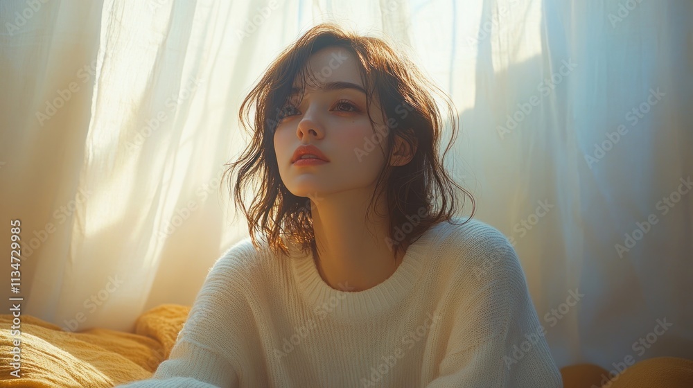 Woman with Migraine Suffering from Head Pain Indoor Bedroom Light Airy Cozy Fall Morning