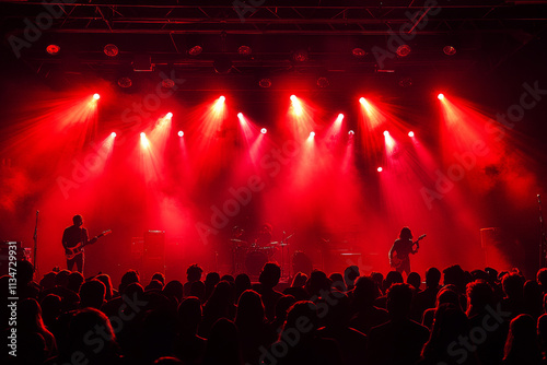The stage during a concert is lit with bright red light and floodlights.