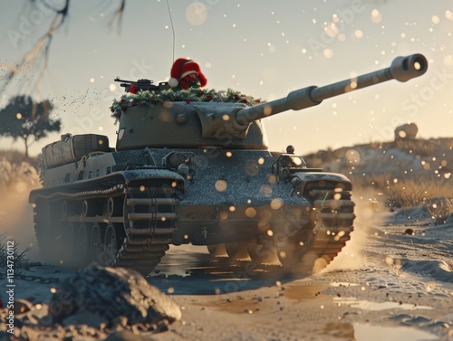 Festive tank operation winter landscape military equipment snowy terrain dynamic perspective holiday spirit in action photo