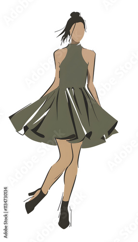 The illustration showcases a stylish woman in an elegant green halterneck dress with a bun hairstyle, epitomizing contemporary fashion with her chic and minimalist look