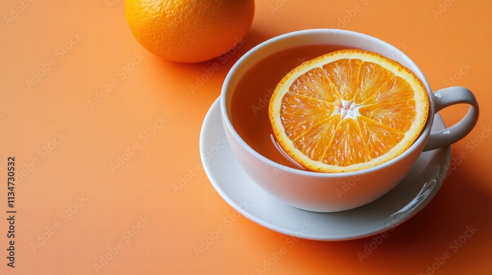A cup of orange tea with a slice of orange on a pastel orange background A cup of orange tea with a slice of orange on a pastel orange background