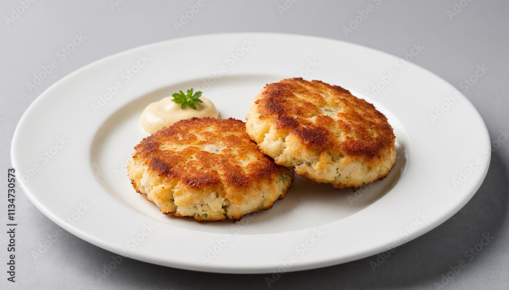 Crab Cakes in Realistic Style in Golden and White with Copy Space for Seafood Recipe Crab Cakes in Realistic Style in Golden and White with Copy Space for Seafood Recipe