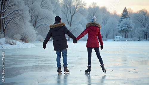 Young couple skating joyfully on a frozen lake during winter morning