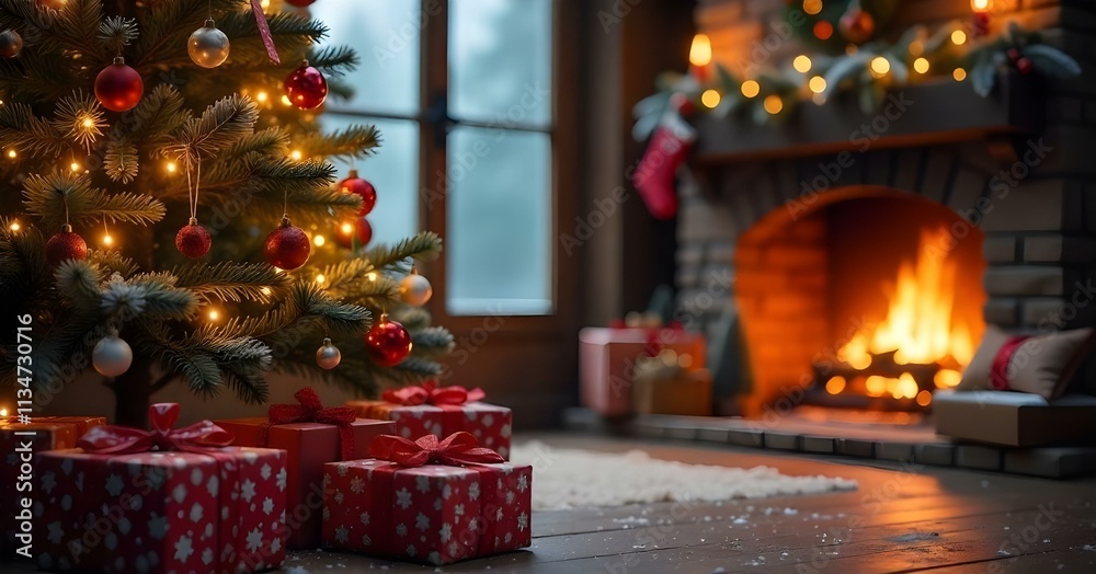 A cozy Christmas scene with a decorated Christmas tree, wrapped gifts, and a warm fireplace in the background. The image has a festive and magical atmosphere with twinkling lights and a snowy, rustic. A cozy Christmas scene with a decorated Christmas tree, wrapped gifts, and a warm fireplace in the background. The image has a festive and magical atmosphere with twinkling lights and a snowy, rustic.