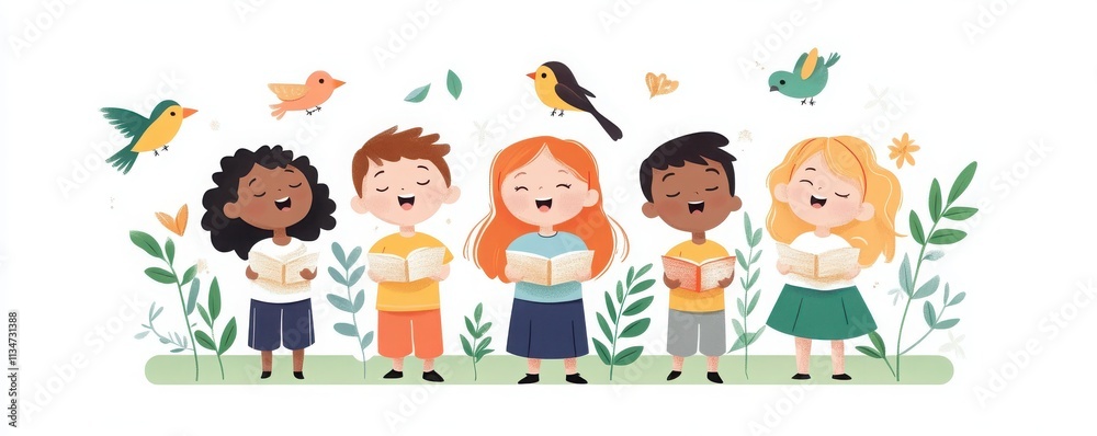 A joyful group of diverse children singing together, surrounded by nature and playful birds. Perfect for education and unity themes. A joyful group of diverse children singing together, surrounded by nature and playful birds. Perfect for education and unity themes.