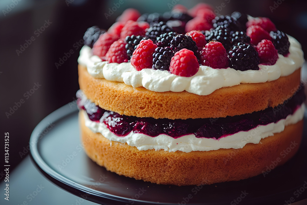 Delicious two-layered cake with raspberries, blackberries, and whipped cream. Delicious two-layered cake with raspberries, blackberries, and whipped cream.