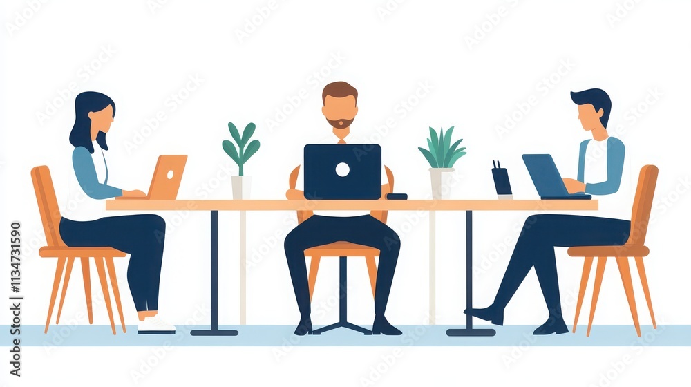 A modern workspace featuring diverse professionals collaborating at a sleek table with laptops and plants for a fresh look. A modern workspace featuring diverse professionals collaborating at a sleek table with laptops and plants for a fresh look.