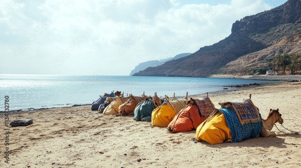 Camels Resting on a Sandy Beach Near Mountains Camels Resting on a Sandy Beach Near Mountains
