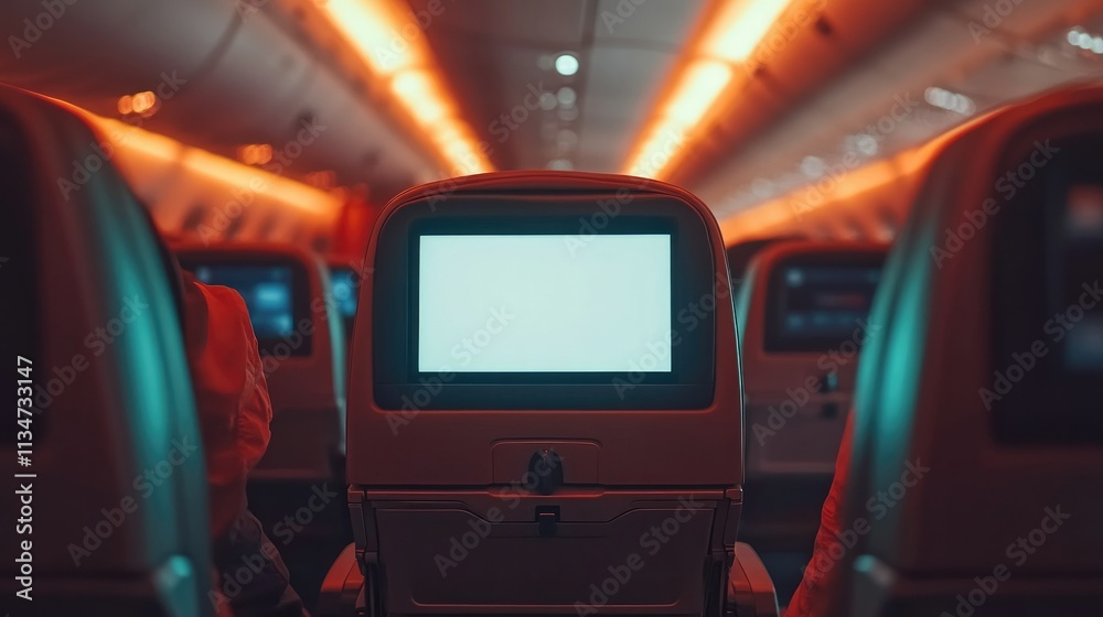 Passenger seat view with blank LCD screen for in-flight entertainment mockups. Modern and minimalistic interior design