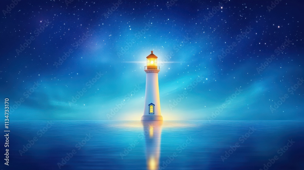 A serene lighthouse shines brightly against a starry night sky, reflecting in calm waters, symbolizing guidance and safety. A serene lighthouse shines brightly against a starry night sky, reflecting in calm waters, symbolizing guidance and safety.