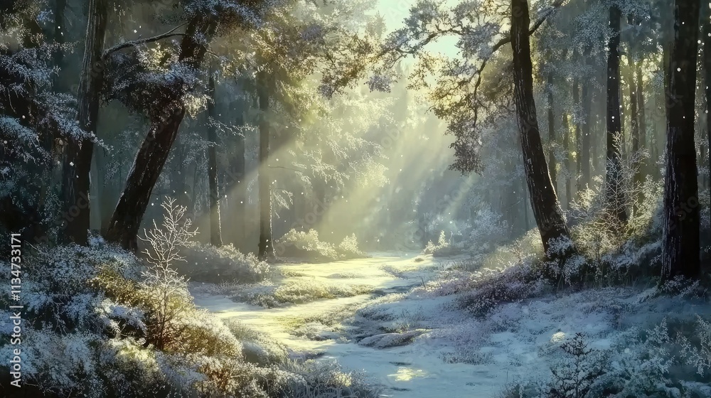 Obraz premium A serene winter scene with soft sunlight streaming through frosted branches in a quiet forest