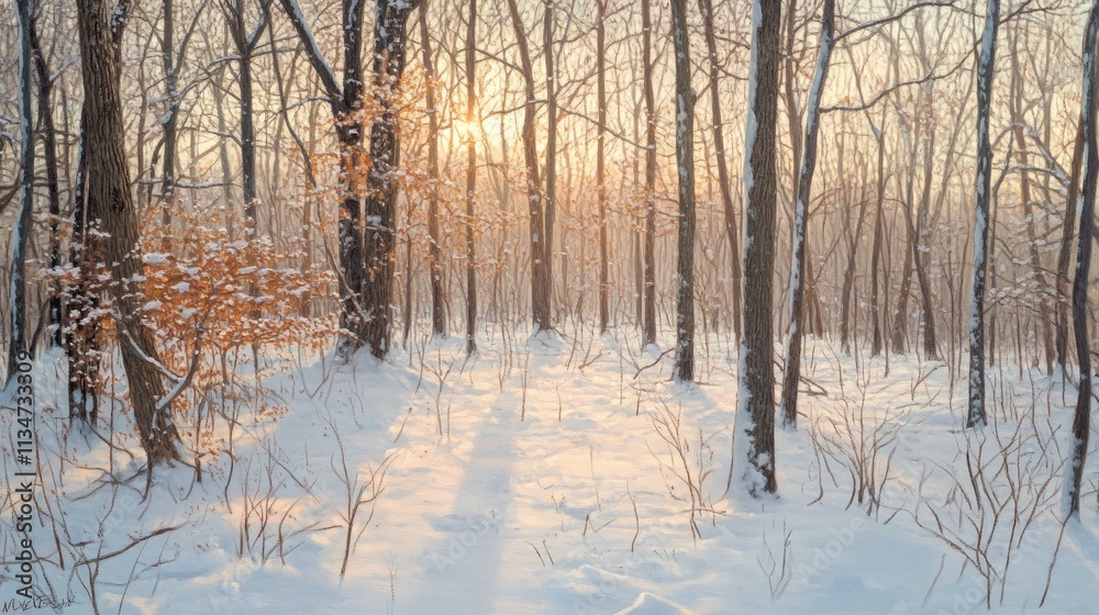 A tranquil snow-covered clearing in a winter forest, glowing under soft, warm sunlight