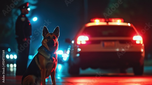 Police dog sitting alertly beside a uniformed officer near a patrol car, city night ambiance