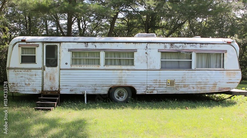 Vintage trailer in the grass, white and gray, weathered exterior, natural setting,